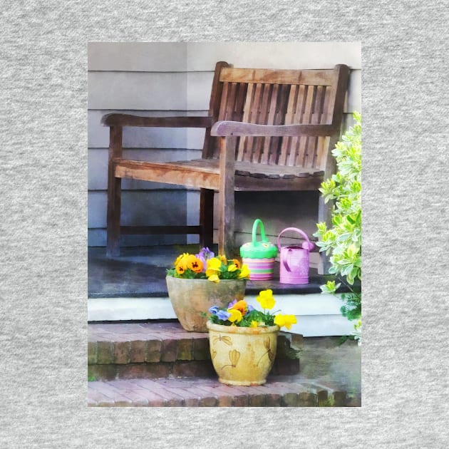 Suburbs - Pansies and Watering Cans on Steps by SusanSavad